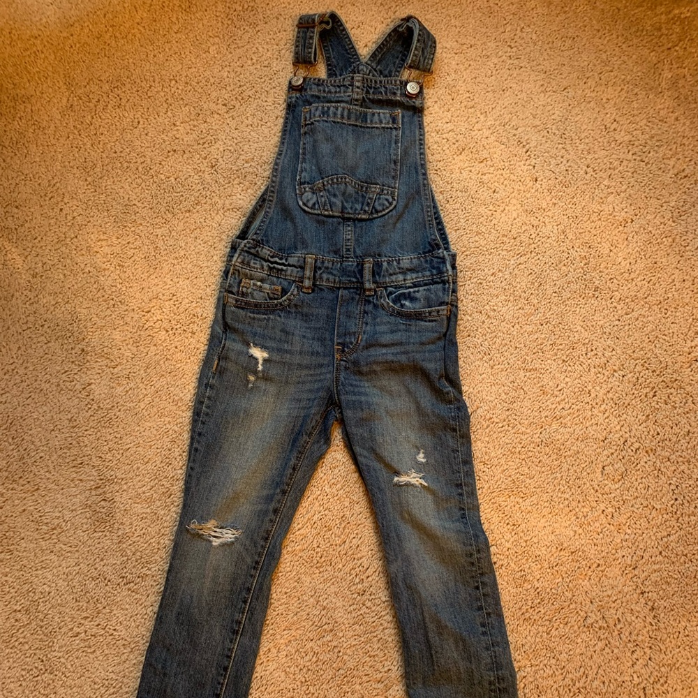 Girls gap overalls denim dark blue with distressing. extra small 4/5